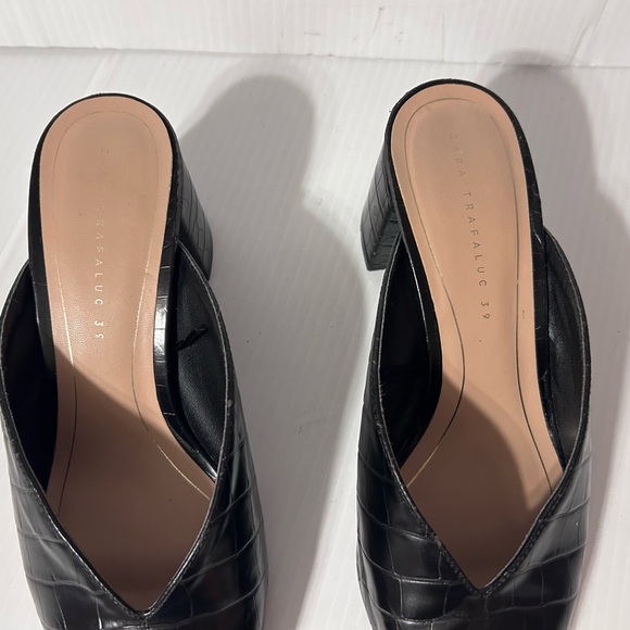 Zara Trafaluc black leather block heel mules shoes women size 39 EU / 8.5 US - Picture 4 of 10